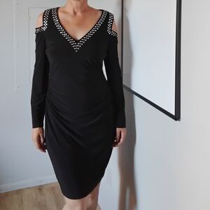 Cache Black Long-Sleeve V-Neck Dress with Rhinestone Trim